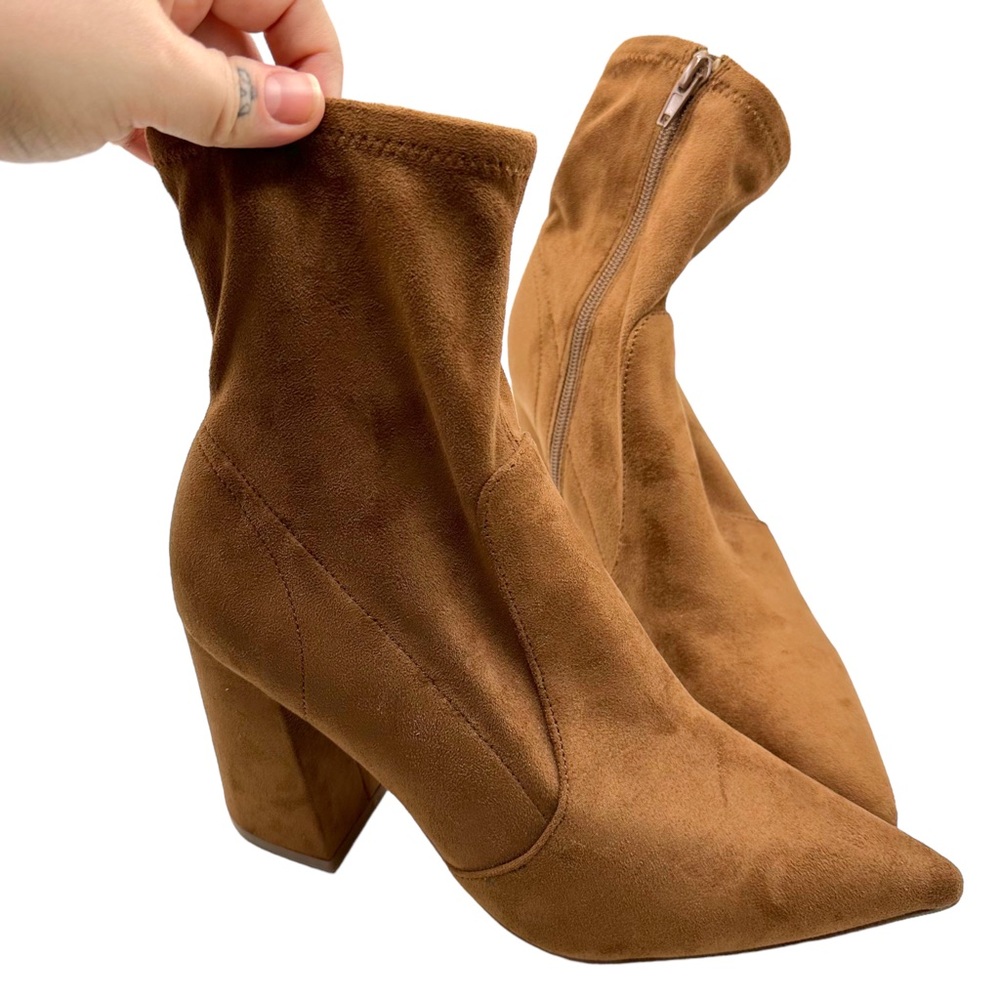 Steve Madden Hayes Point Toe Faux Suede Block Heel Stretchy Ankle Bootie Cognac - Picture 7 of 12